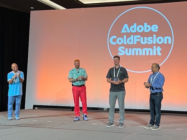 Pete Freitag on stage at ColdFusion Summit 2025 receiving the ColdFusion Security Champion Award